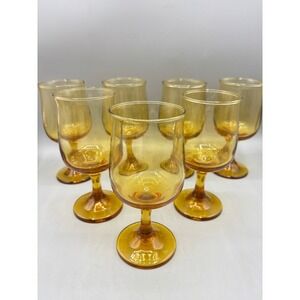 Vintage Amber Glass Wine Goblets Stemmed Water Glasses Set of 7 MCM Honey Gold